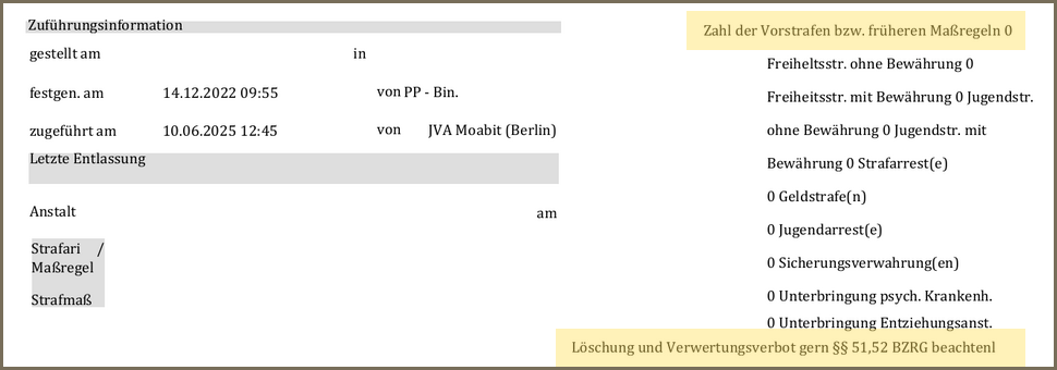 Faksimile Personalblatt: Vorstrafen 0 und Löschungs-/Verwertungsverbot