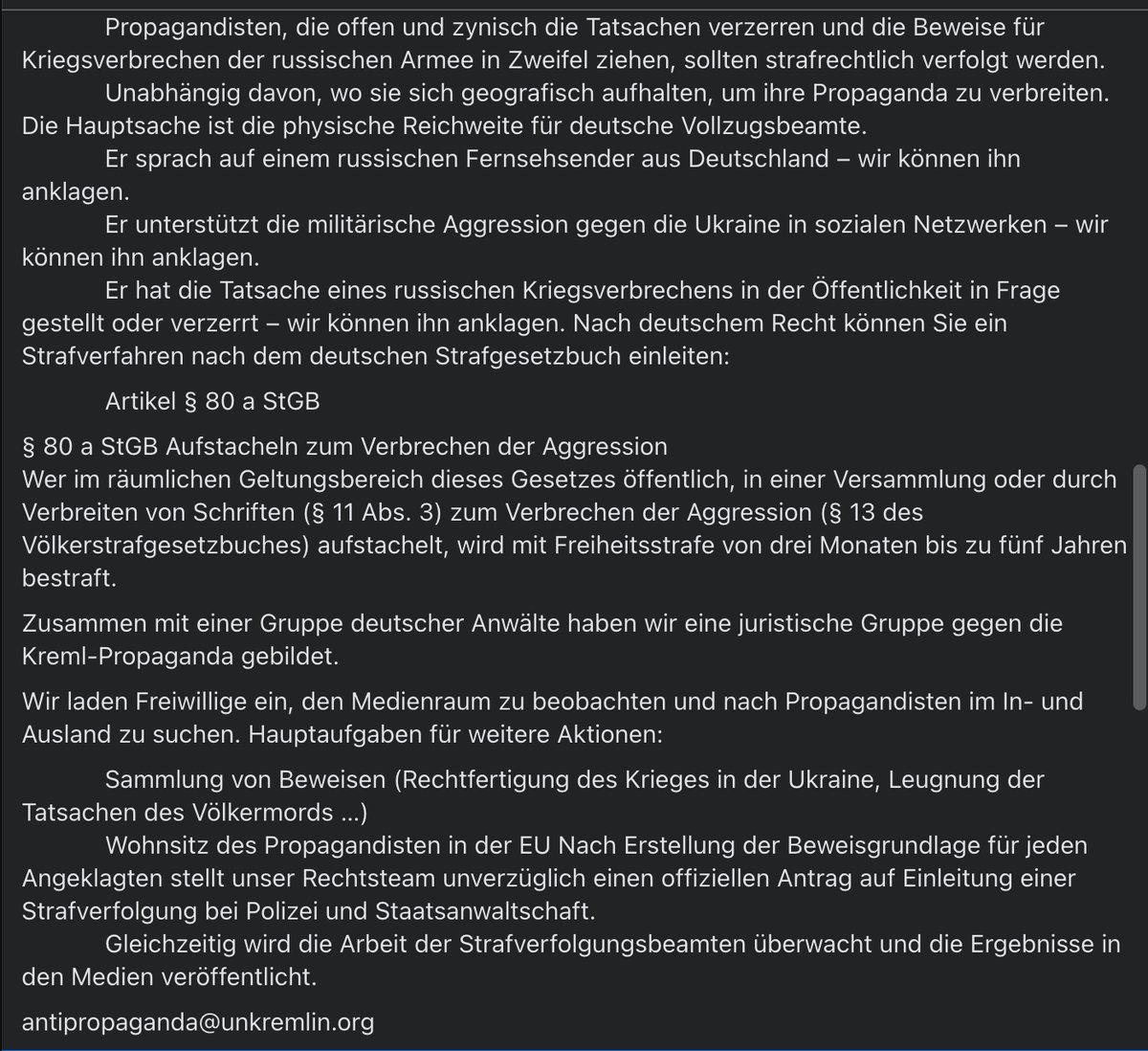 Beitrag über die Bildung einer juristischen Gruppe gegen Kreml-Propaganda mit Verweis auf § 80a StGB