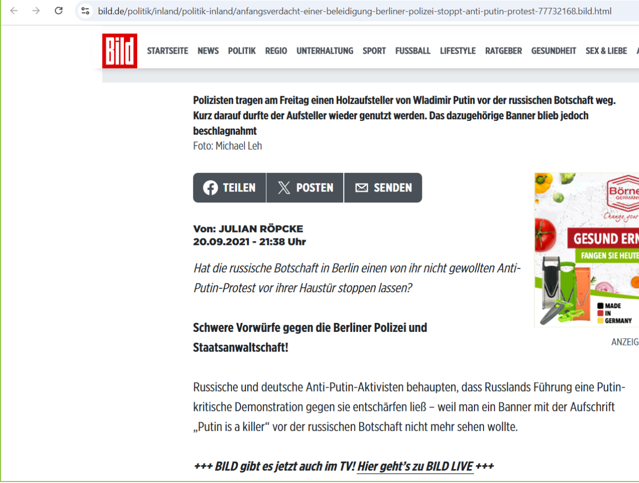 BILD-Zeitung Artikel vom 20.09.2021 von Julian Röpcke
