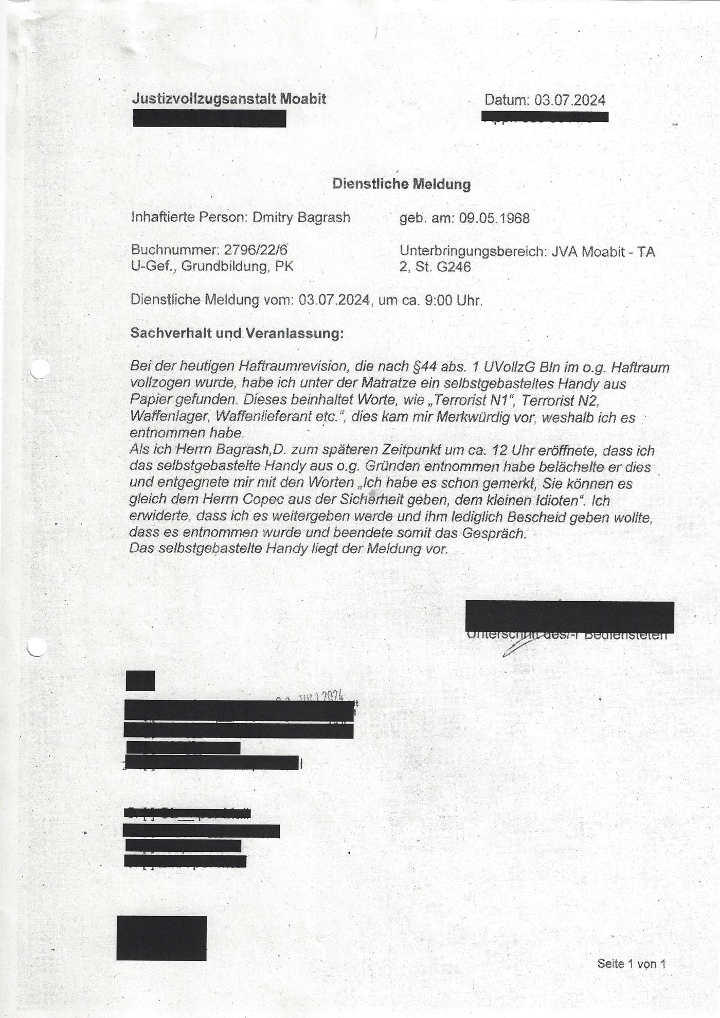 Dienstliche Meldung der JVA Moabit vom 03.07.2024 über den Fund des Papiertelefons
