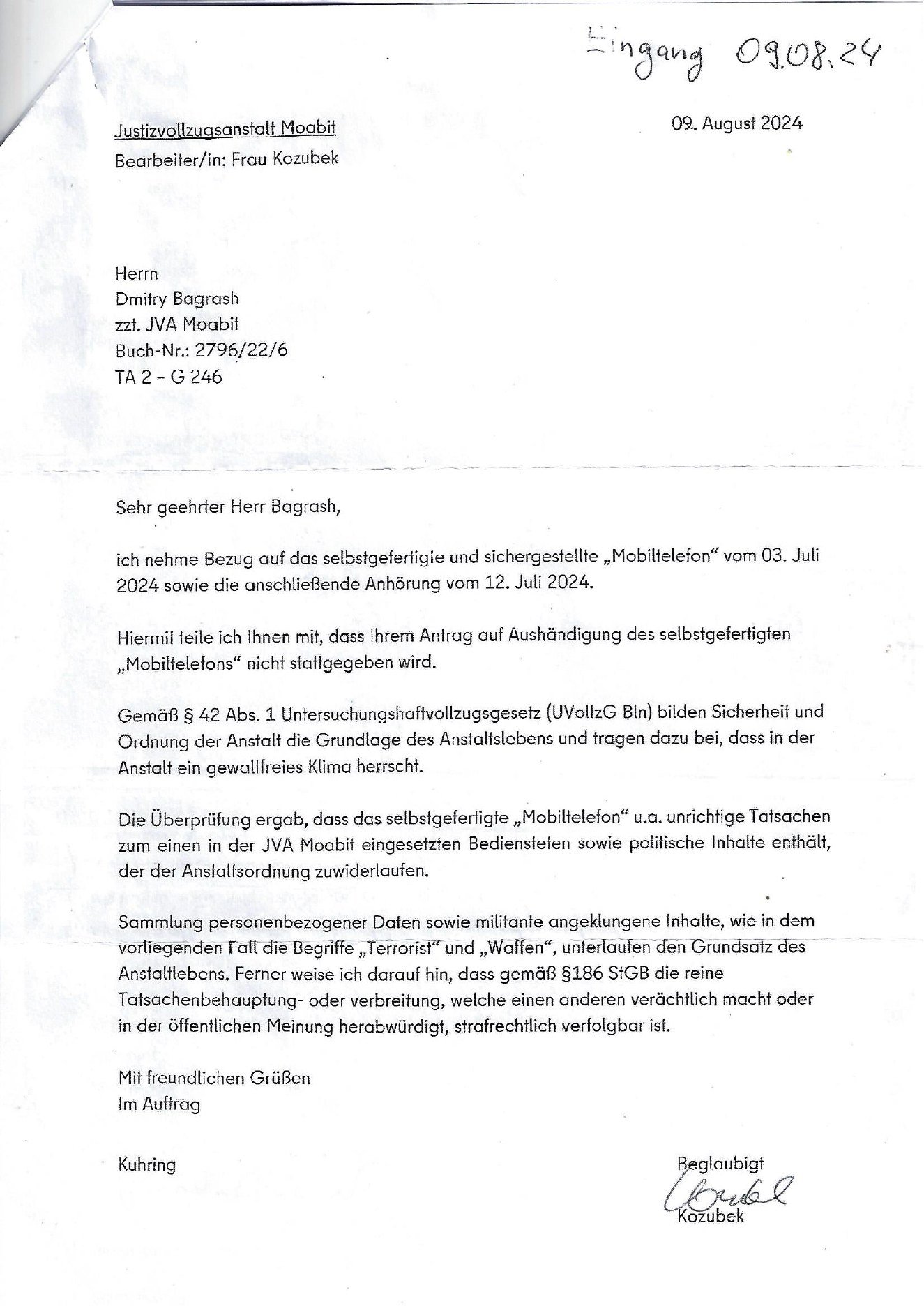 Schreiben der JVA Moabit vom 9. August 2024, das die Rückgabe des Papiertelefons ablehnt und es als selbstgefertigtes Mobiltelefon bezeichnet